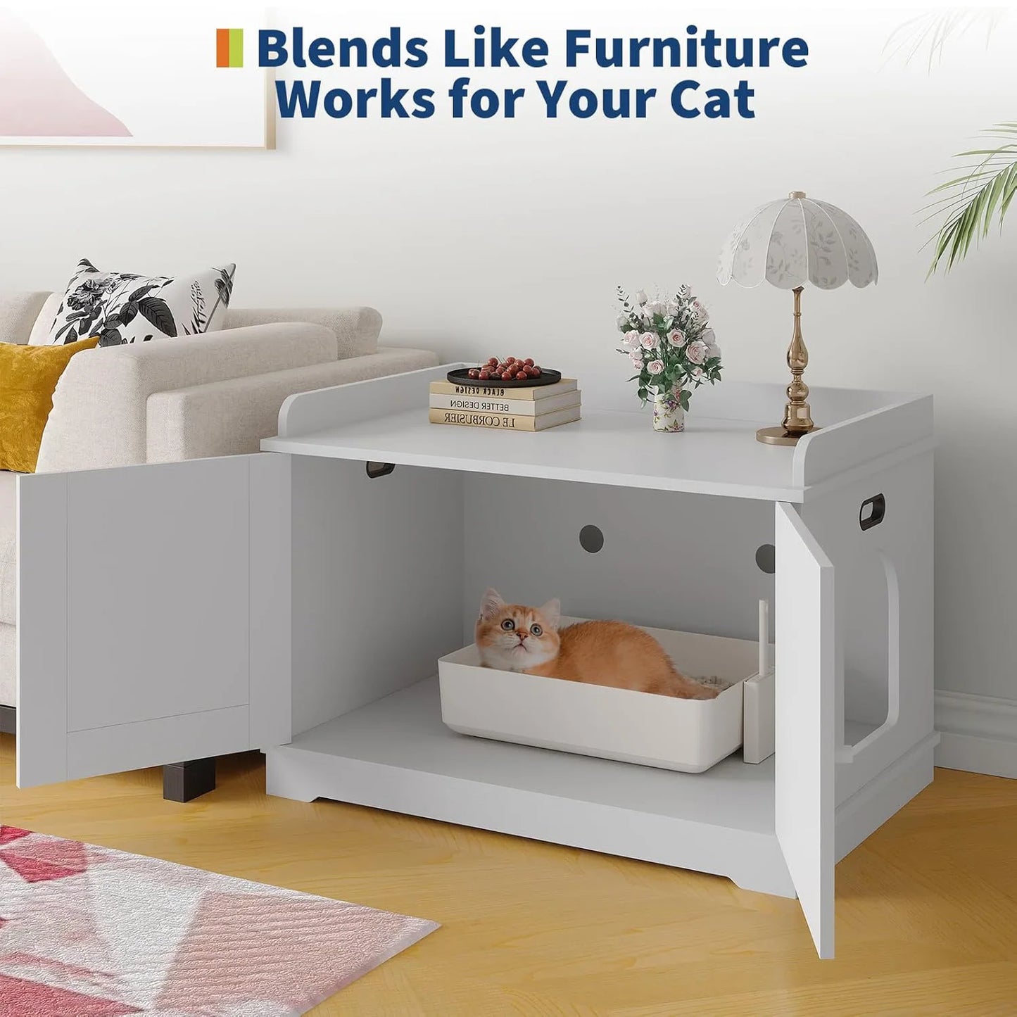 HiMISS Modern Barn Door Cat Litter Box Enclosure Cabinet