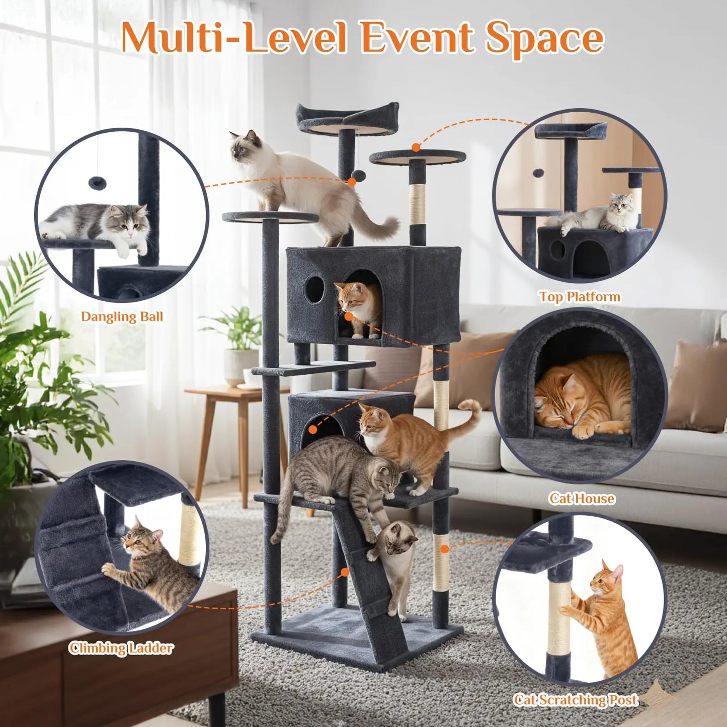 JHK 70 inch Cat Tree Tower Large Multi Level Cat Climbing Tower with Condo Natural Sisal Scratching Posts Pet House for Indoor