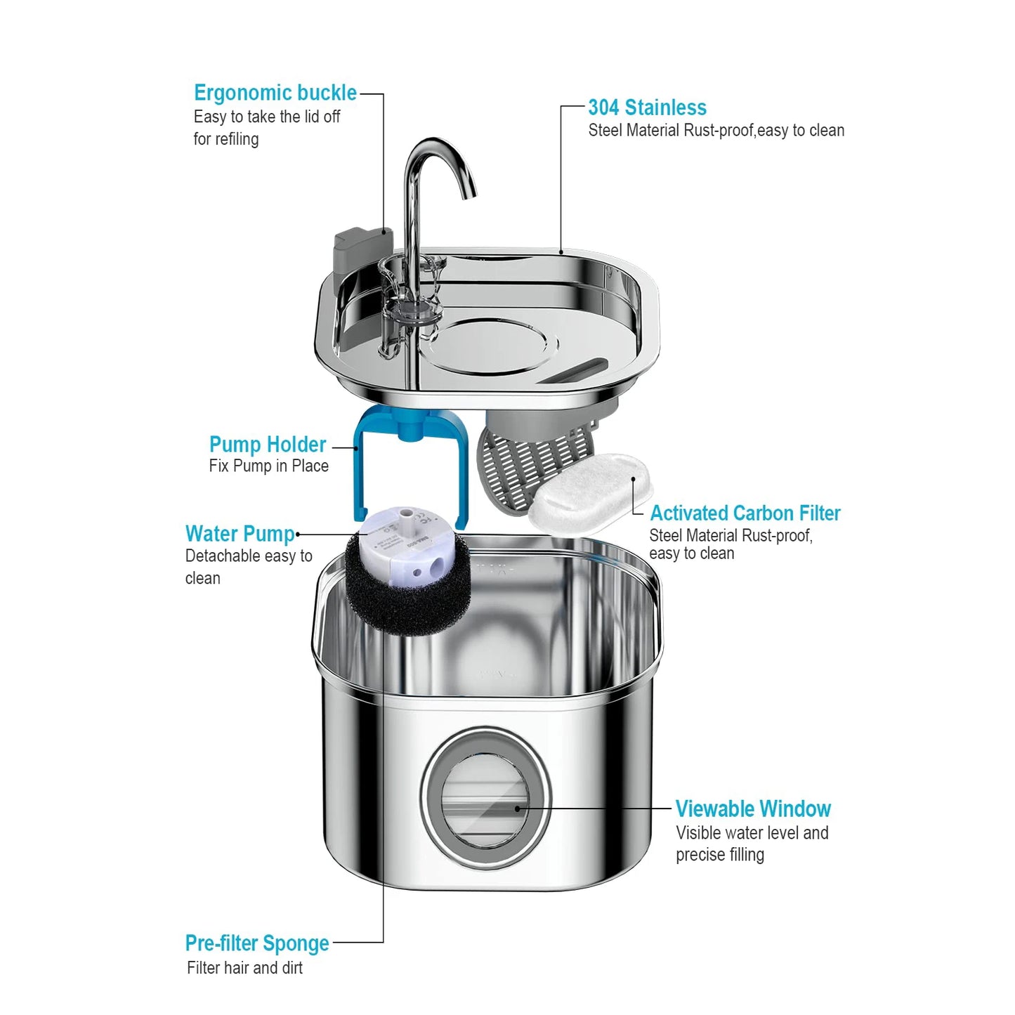 Stainless Steel Pet Water Feeder With Visual Window Dispenser