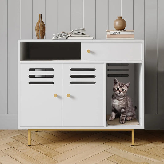 Modern Hidden Cat Litter Box Enclosure Cabinet with Storage Shelf, 2 in 1 Pet Furniture End Table w/Metal Legs Indoor Cat House