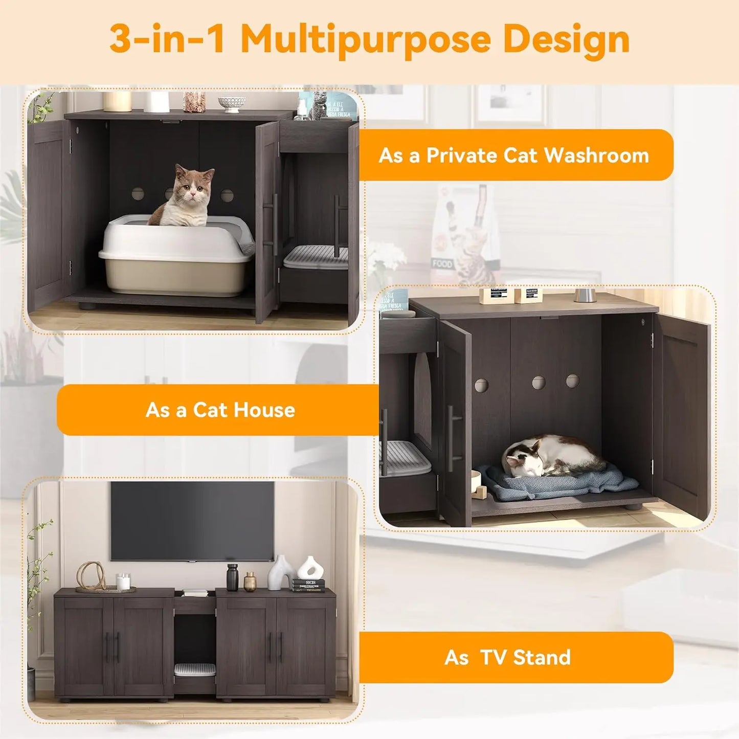 3-in-1 Wooden Washroom Cabinet with Double Compartments Cat Door & Scratching Pad Cat Litter Box Enclosure for Cats Supplies