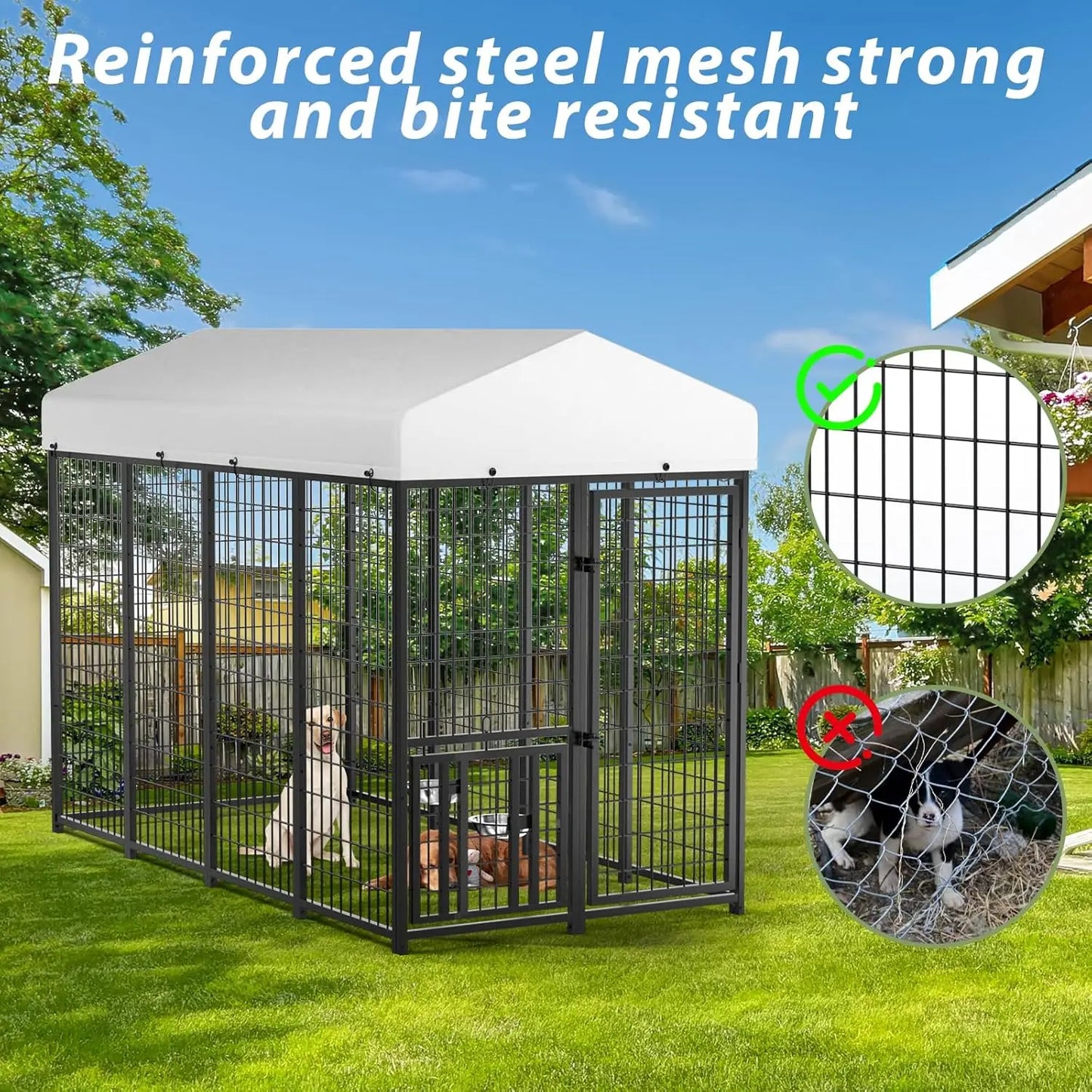Outdoor Dog Kennel With Roof Heavy Duty Steel Run Enclosure Waterproof Canopy