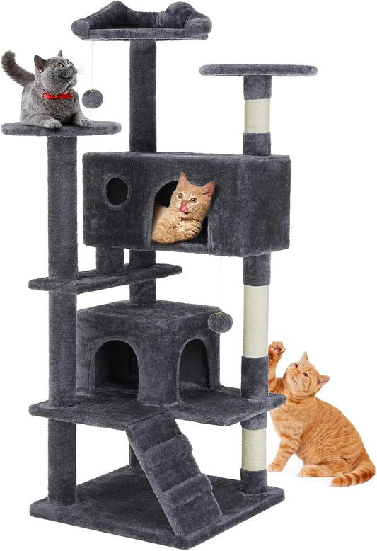 54-inch Multi-Level Cat Tree Tower with 2 Condos, Scratching Posts & Toys - Perfect for Large Cats of All Ages in Dark Grey