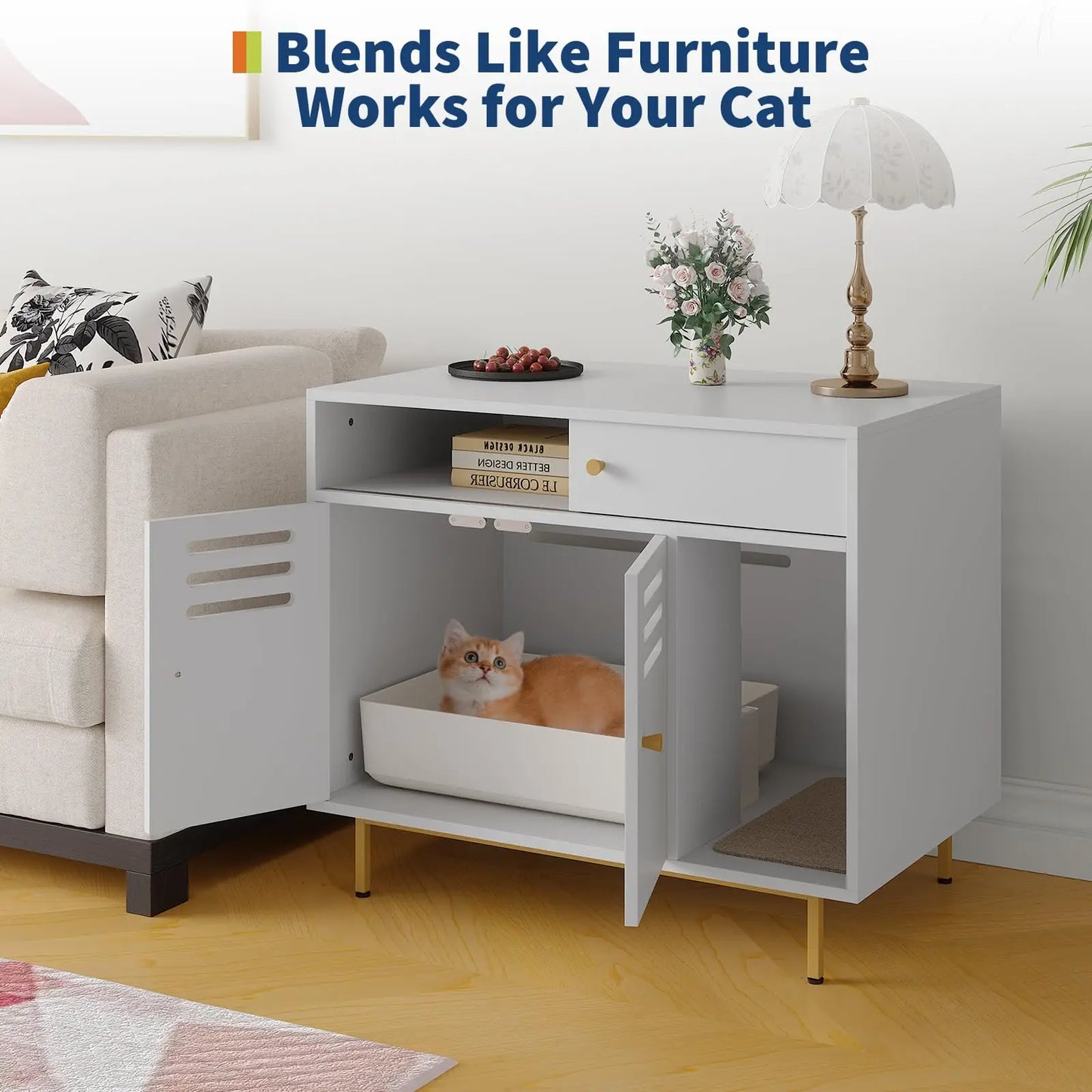 Modern Hidden Cat Litter Box Enclosure Cabinet with Storage Shelf, 2 in 1 Pet Furniture End Table w/Metal Legs Indoor Cat House