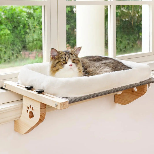 Sturdy Cat Window Perch with Cushion Bed Cover, Adjustable Wood & Metal Frame for Large Cats, Easy Installation