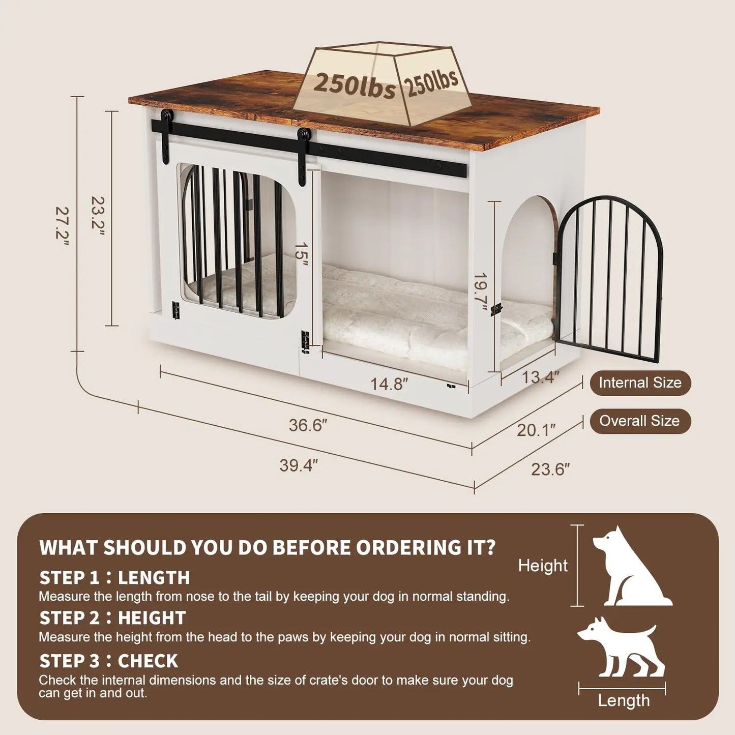 XL Dog Kennel Furniture,39.4 Inch Farmhouse Crate Furniture with Cushion Decorative White Dog Kennel Indoor Thick, Customized