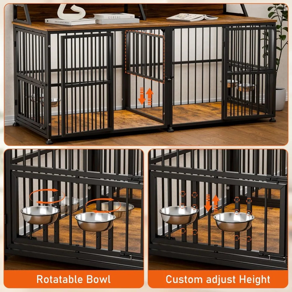 Extra Large Double Dog Cage for Two Dogs, 72 Inch Thick Wooden Crate with Storage Rack for Large Breeds