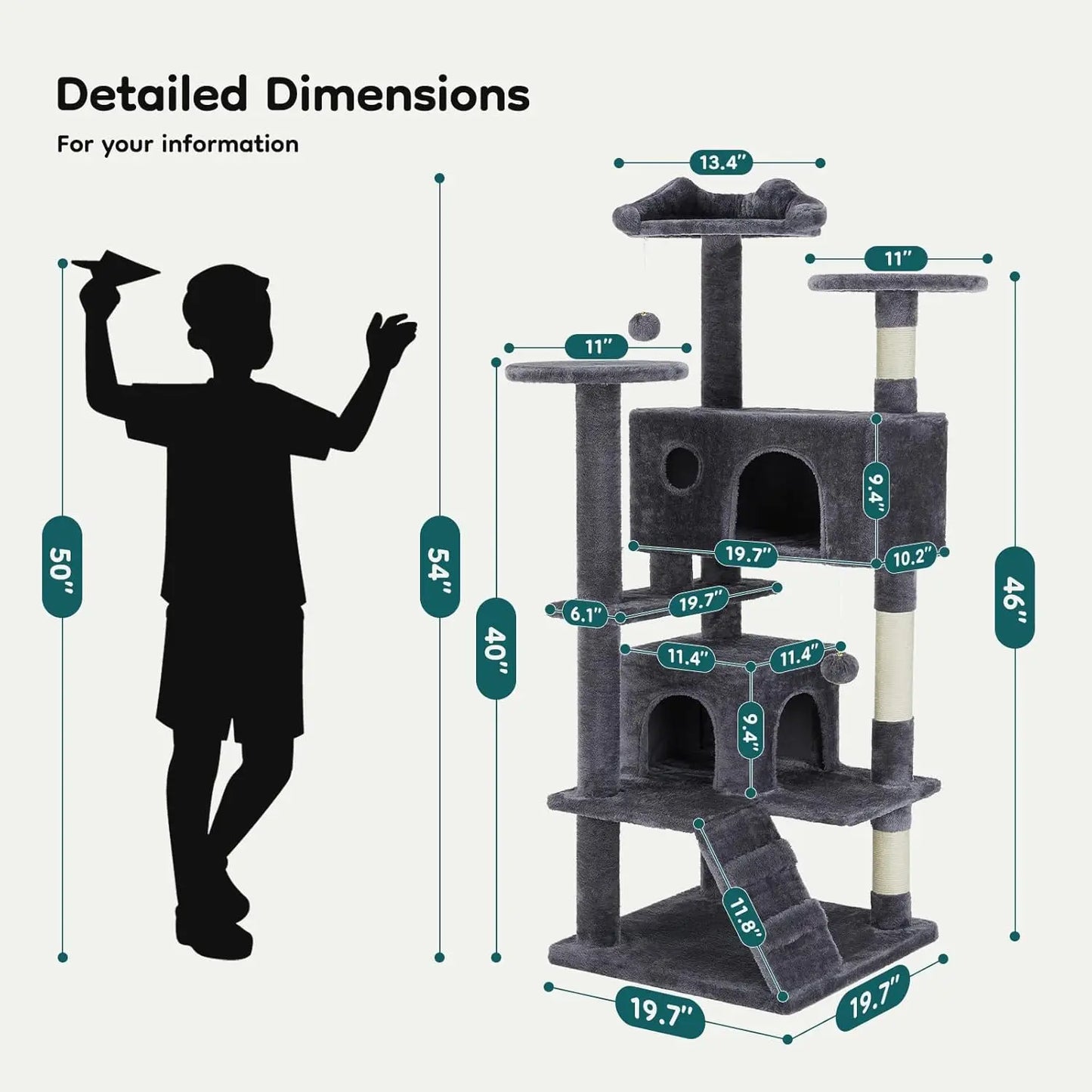 54-inch Multi-Level Cat Tree Tower with 2 Condos, Scratching Posts & Toys - Perfect for Large Cats of All Ages in Dark Grey
