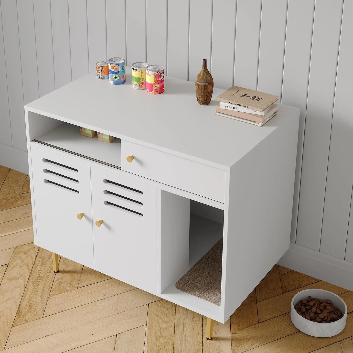Modern Hidden Cat Litter Box Enclosure Cabinet with Storage Shelf, 2 in 1 Pet Furniture End Table w/Metal Legs Indoor Cat House