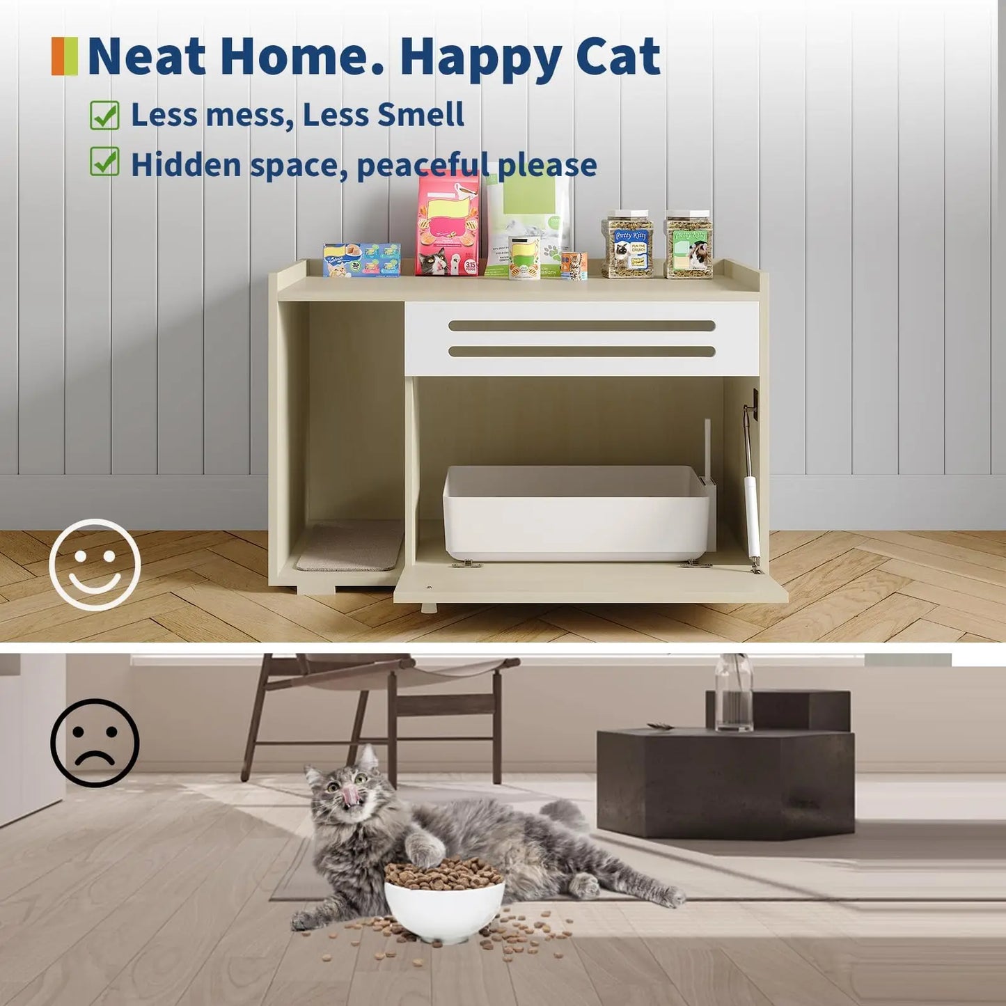Cat Litter Box Furniture with Flip-Down Door, Spacious Hidden Cat Litter Box Enclosure Cabinet, Ventilated Covered Litterbox