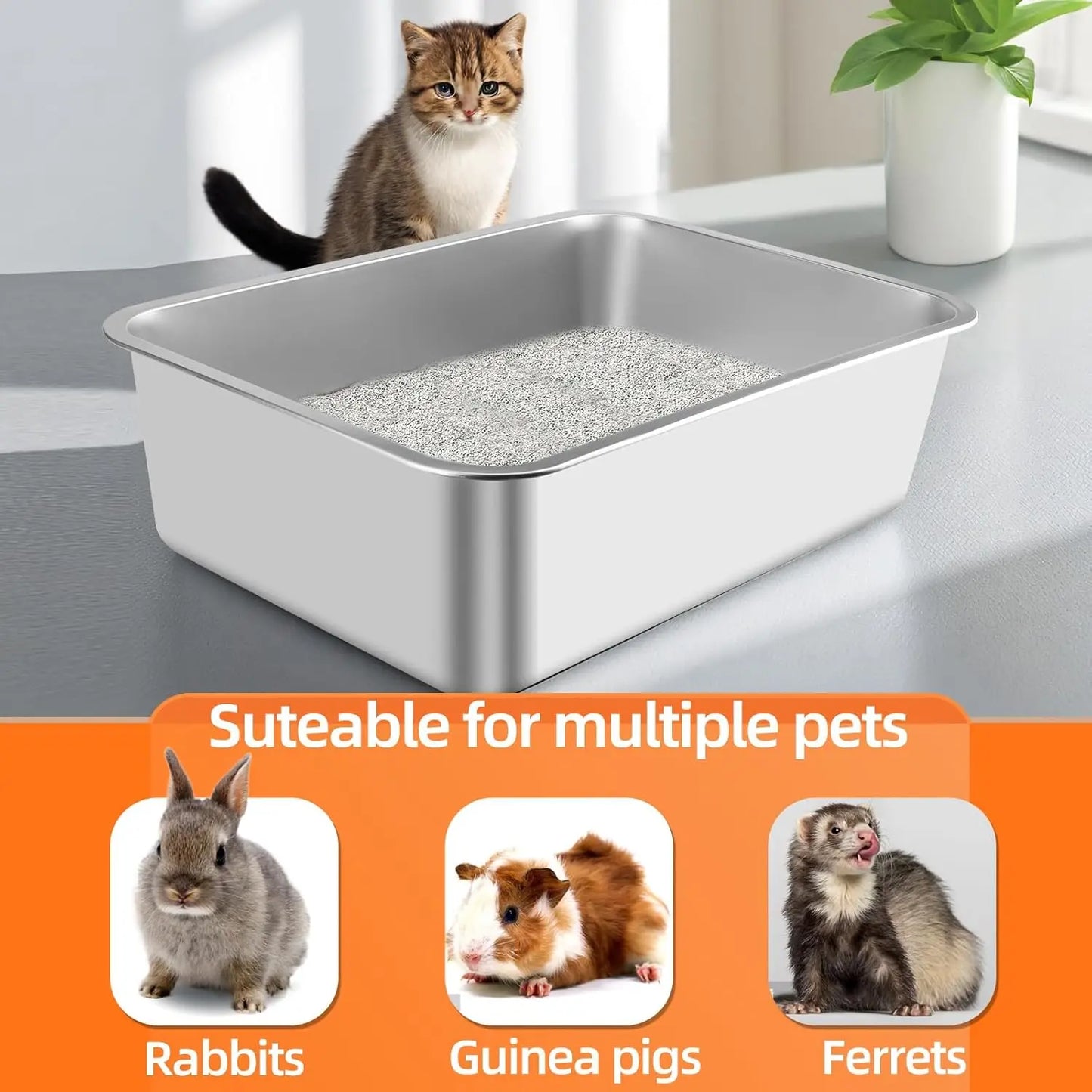 Stainless Steel Cat Litter Box with High Sides, Non-Stick Easy Clean Durable Pet Toilet for Small Cats (15.6x11.6x3.9 in)