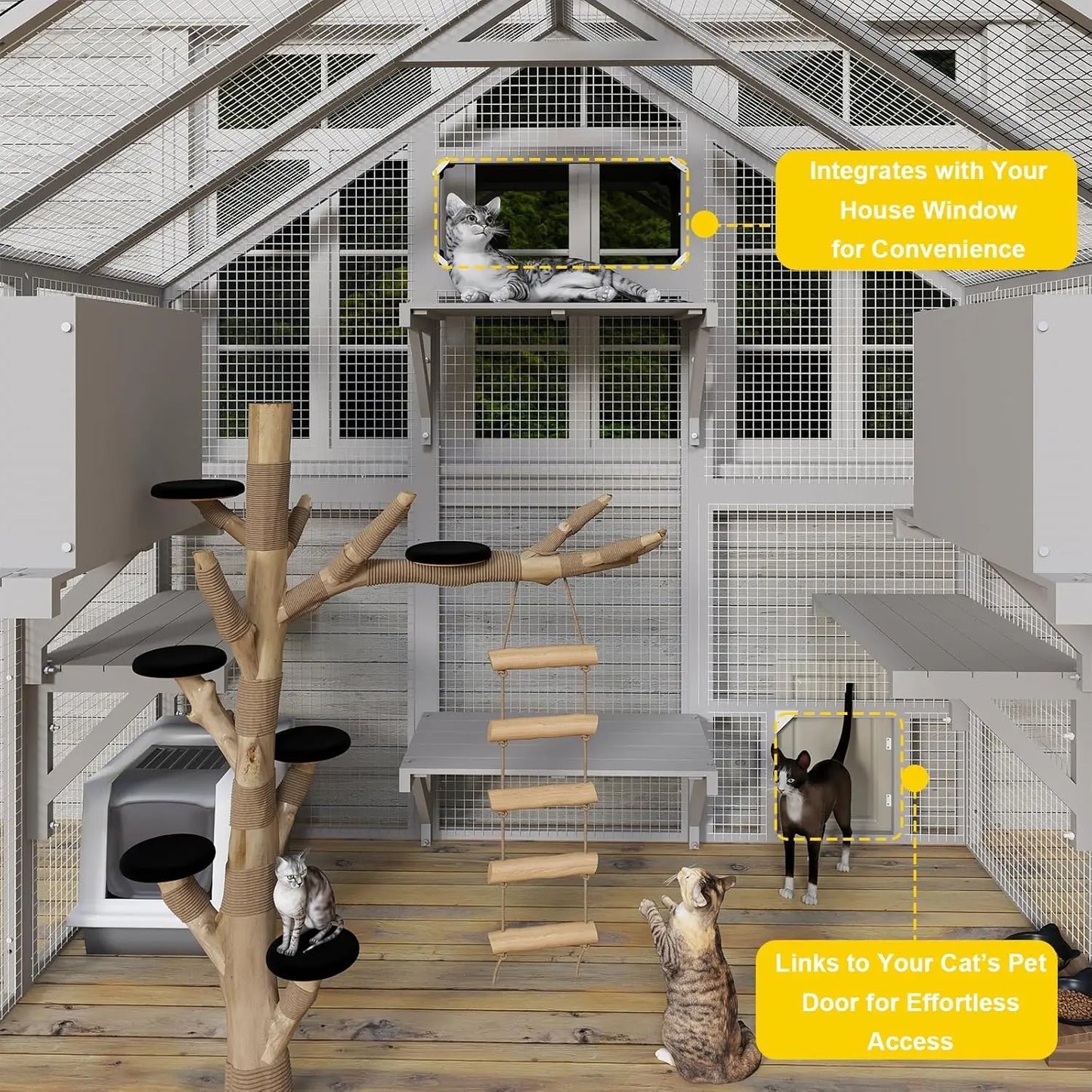 Wooden Walk-In Outdoor Cat Enclosure With Weatherproof Roof