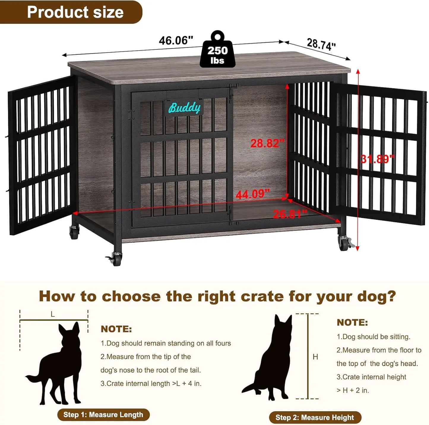 48'/42'/33' XXL Dog Crate Furniture with Casters, Heavy Duty Dog Kennel Indoor for Large Dogs, Escape