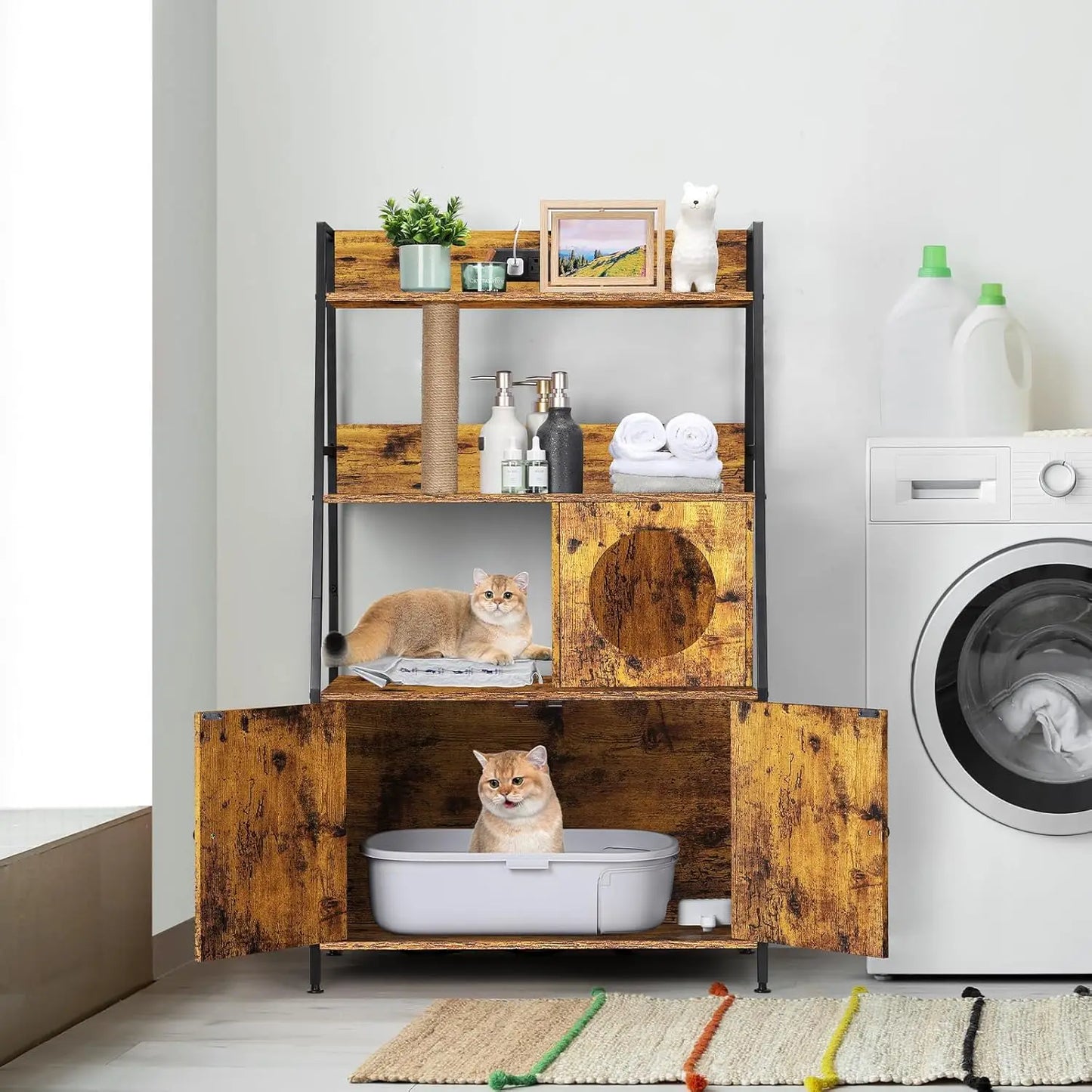 Cat Litter Box Enclosure With Shelves And Charging Station