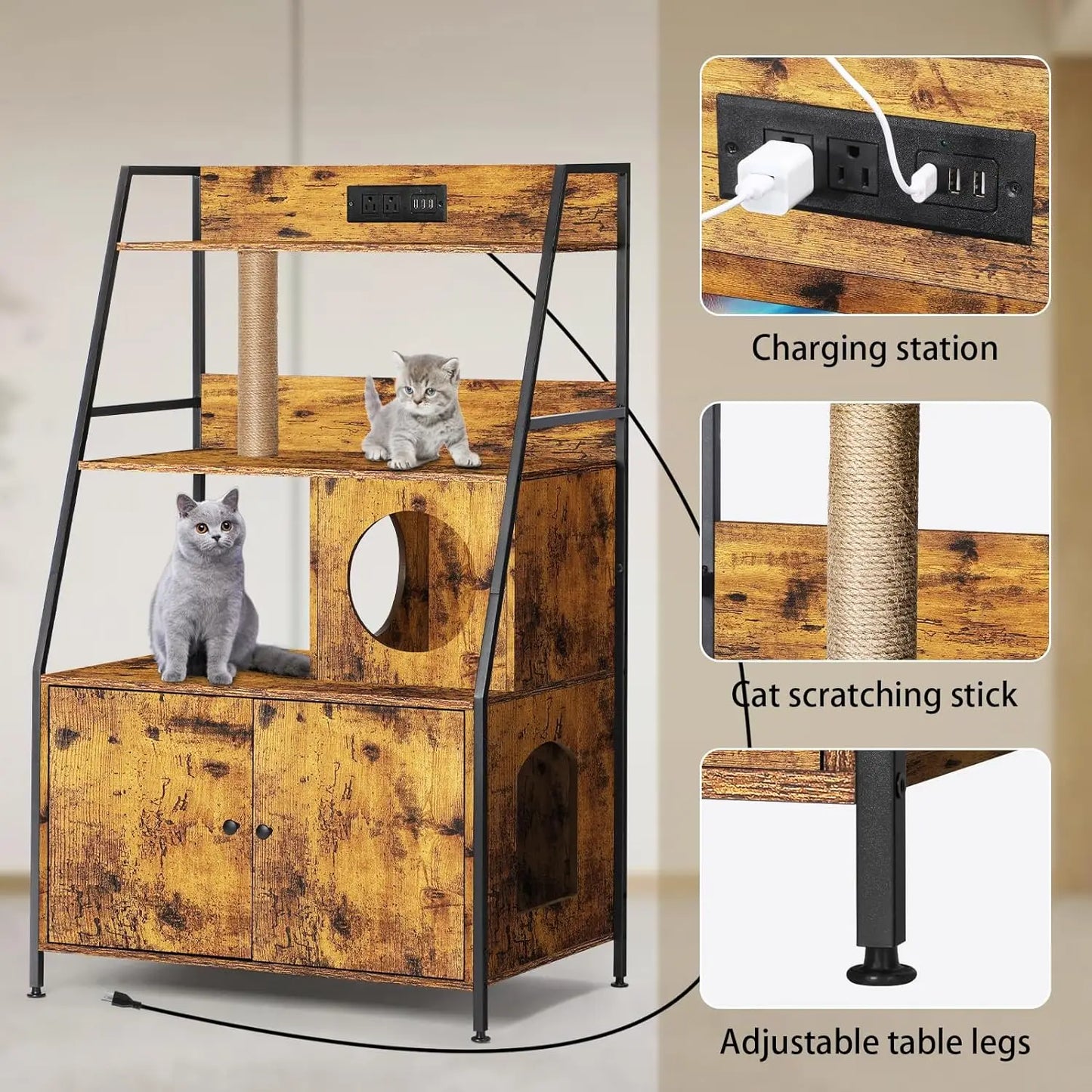 Cat Litter Box Enclosure With Shelves And Charging Station