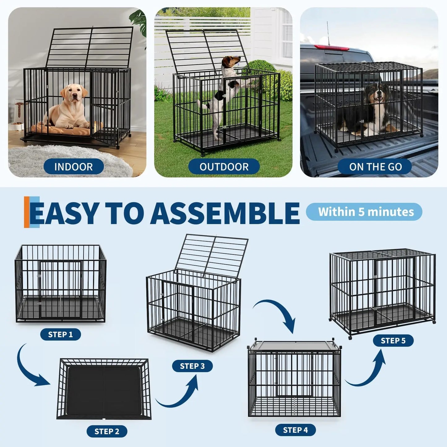 HiMISS Indestructible Stainless Steel Dog Crate with Wheels and Tray