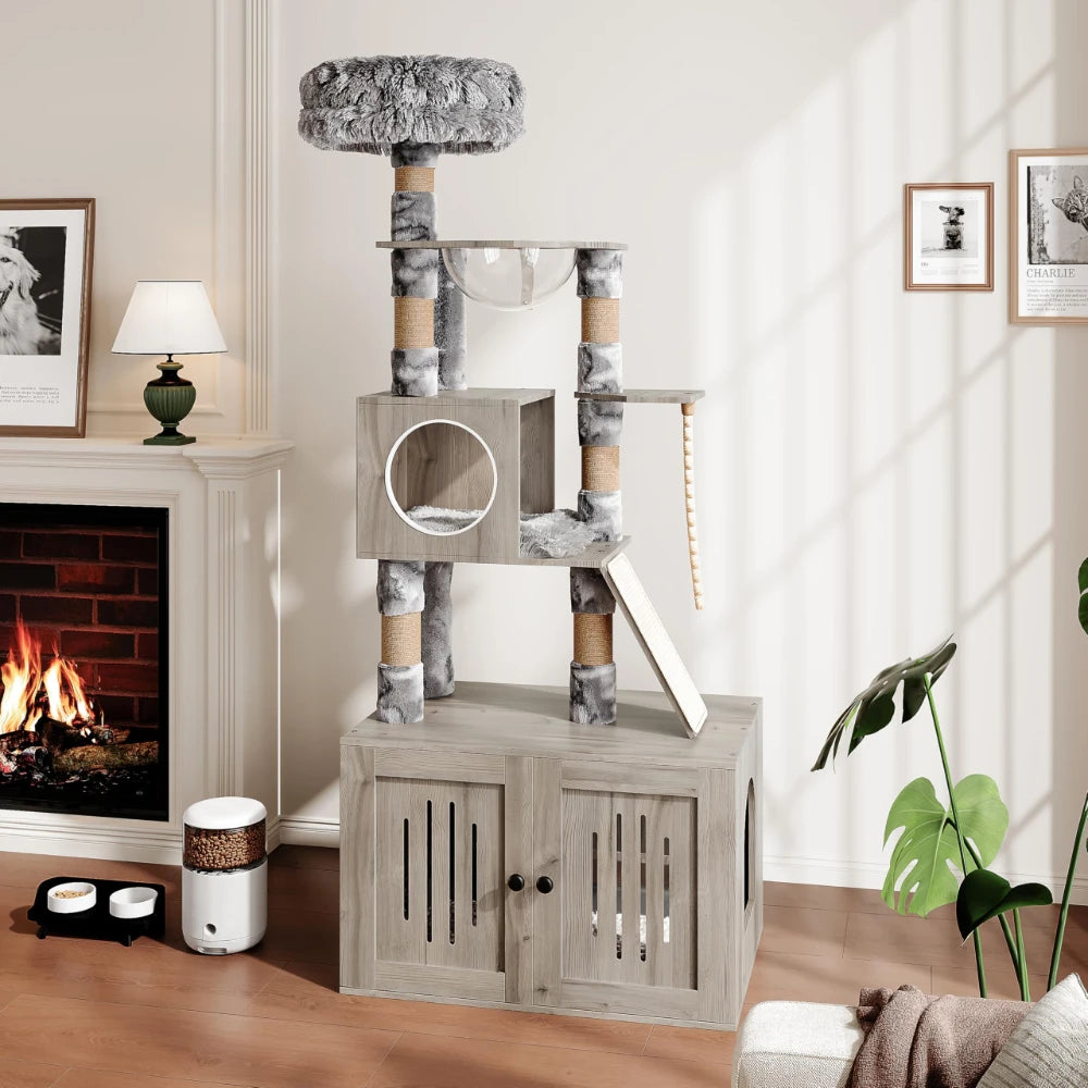 HiMISS Cat Tree With Litter Box Enclosure Storage Cabinet