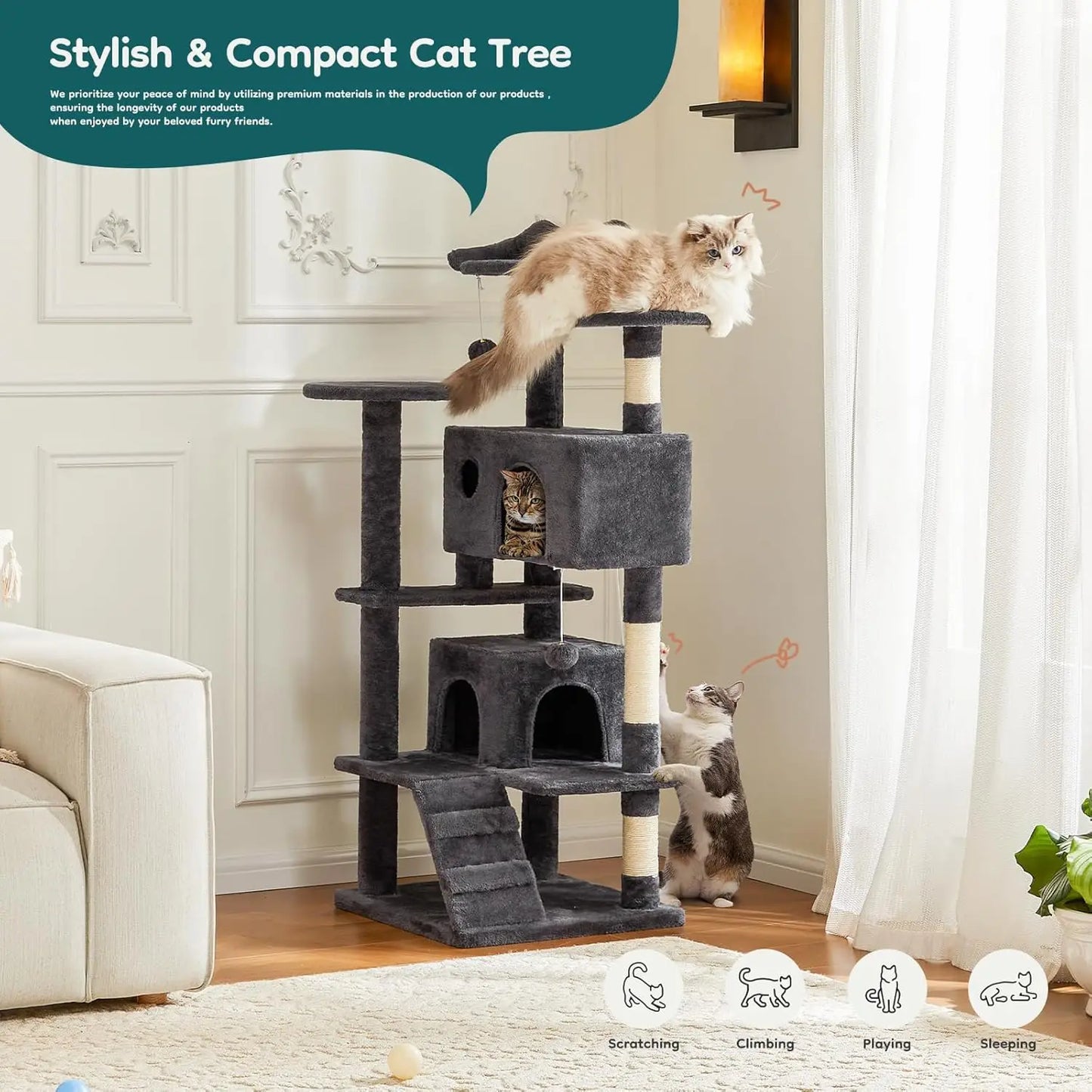 54-inch Multi-Level Cat Tree Tower with 2 Condos, Scratching Posts & Toys - Perfect for Large Cats of All Ages in Dark Grey