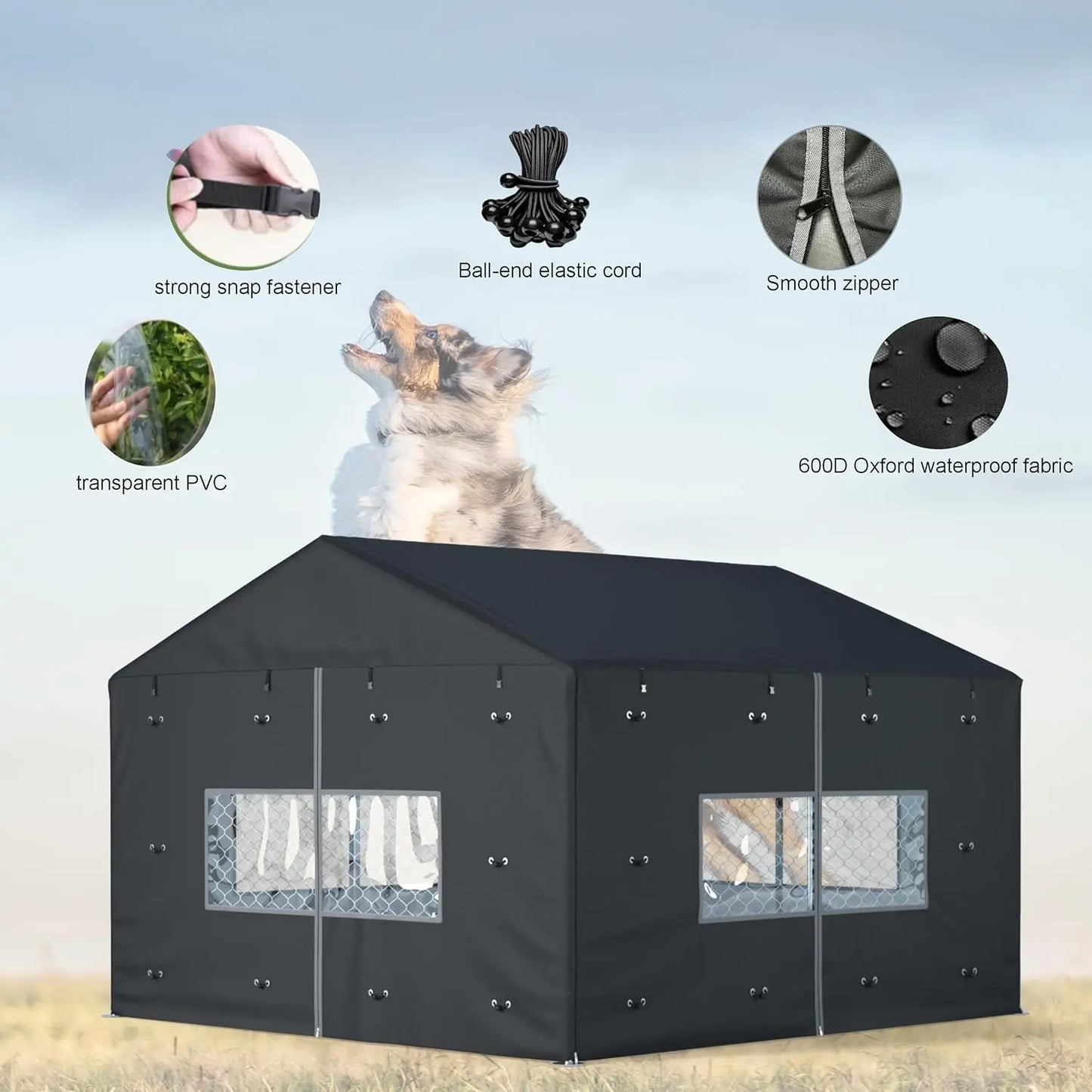 Waterproof Outdoor Dog Kennel Cover for 10x10x7 ft Cages, Heavy Duty 600D Oxford Fabric, Black