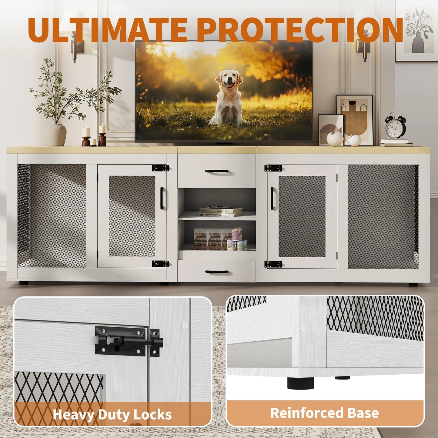 HiMISS Double Dog Crate Furniture TV Stand With Feeding Station