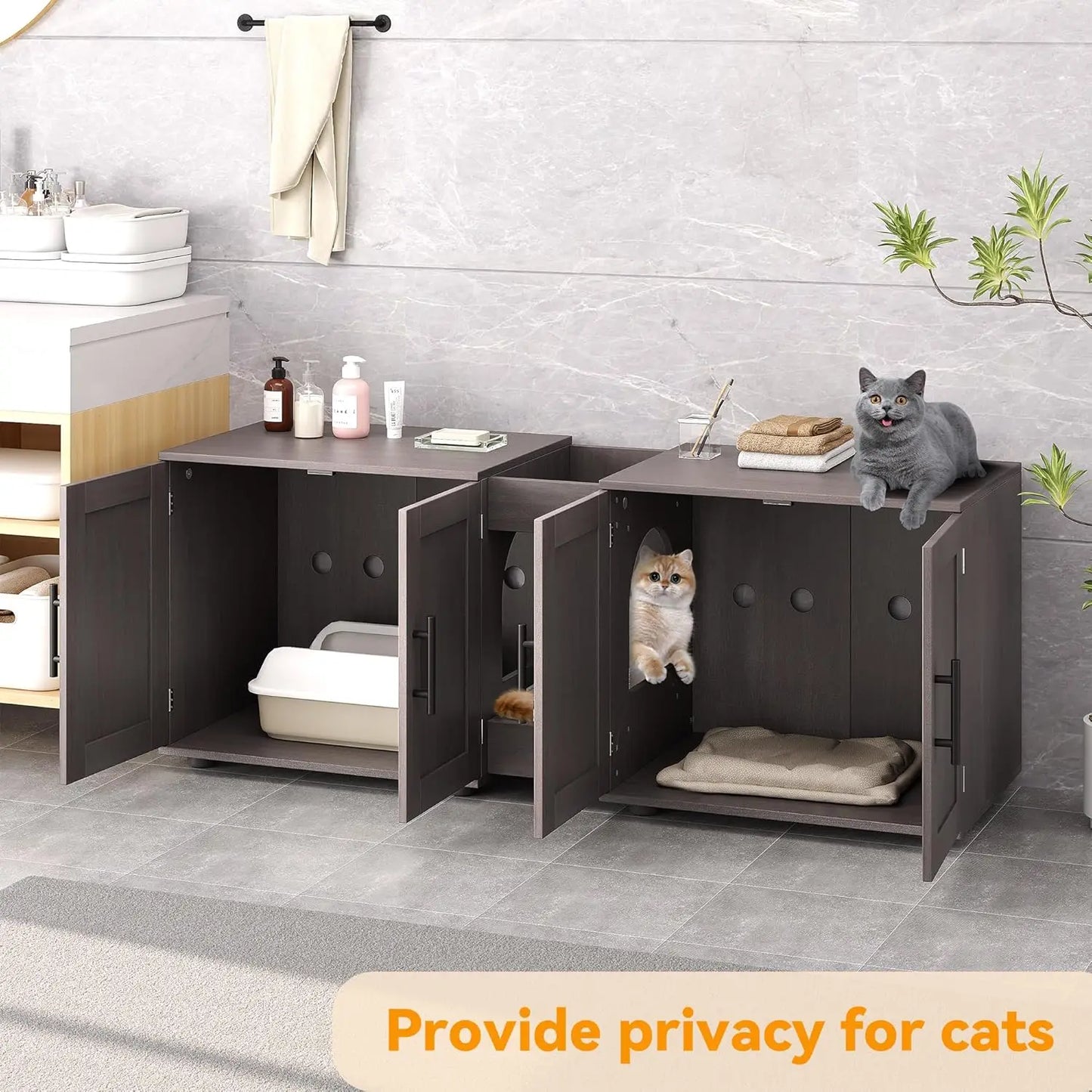 3-in-1 Wooden Washroom Cabinet with Double Compartments Cat Door & Scratching Pad Cat Litter Box Enclosure for Cats Supplies