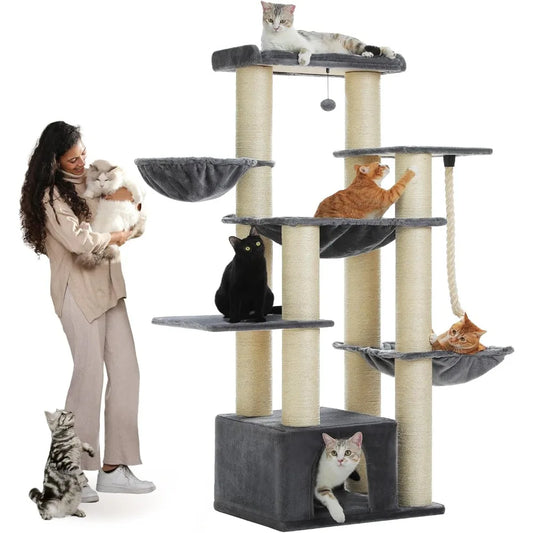 heavy duty cat tree for maine coon – 67" tall cat tower with 13 thick (φ4.3) scratching posts, xxl cat condo with super large pe