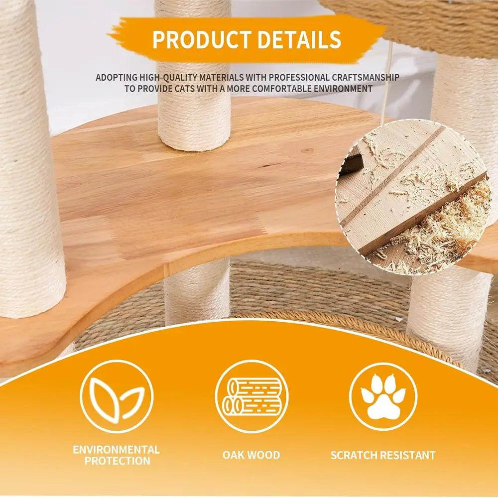 Luxury 54 Oak Cat Tree with Scratching Posts for Large Cats, Multi-Level Condo, Easy Maintenance Indoor Activity Center