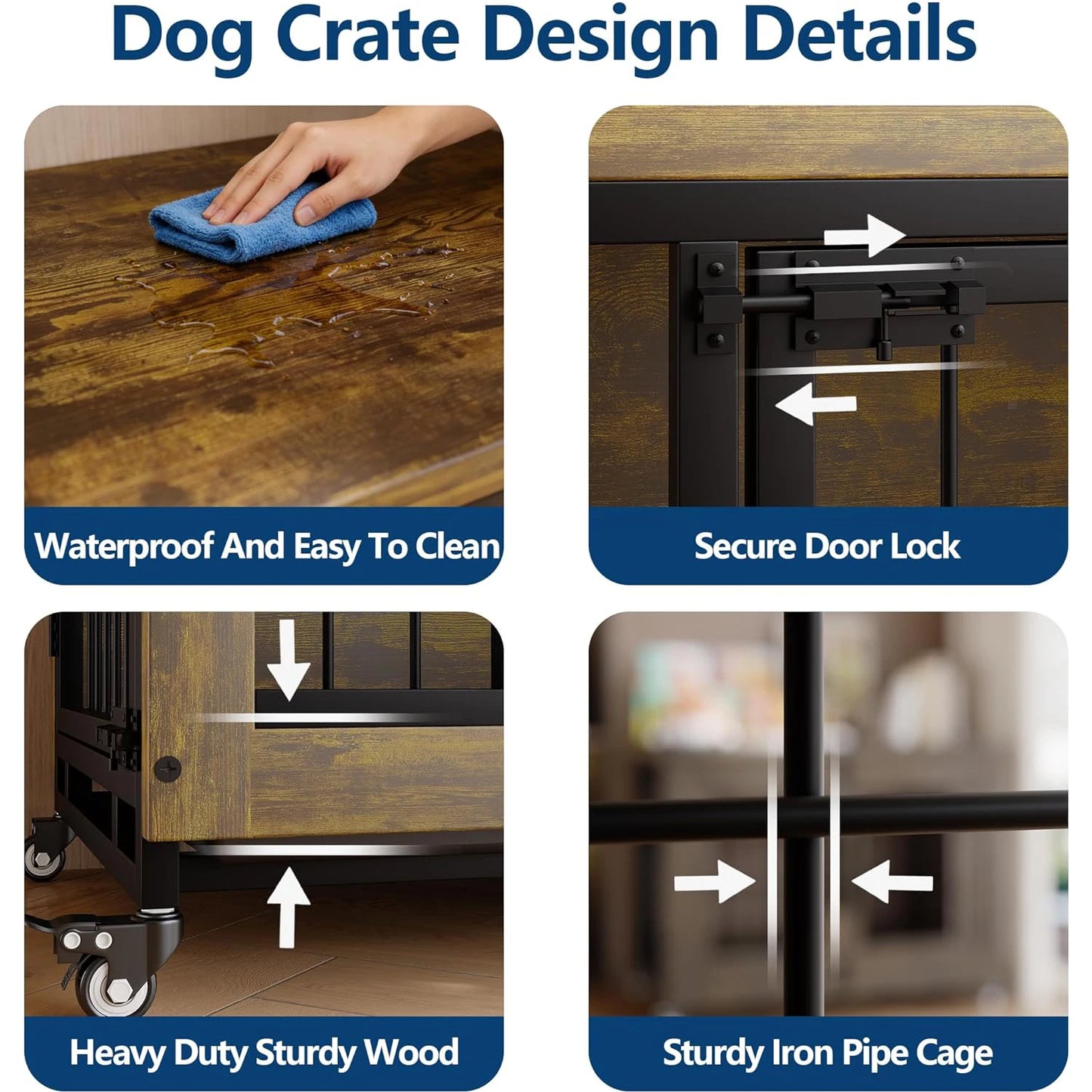 38.6" Rustic Wood Dog Crate Furniture 2-in-1 Chew Resistant with 3 Doors Locking Wheels Removable Tray Dog Kennel Side Table