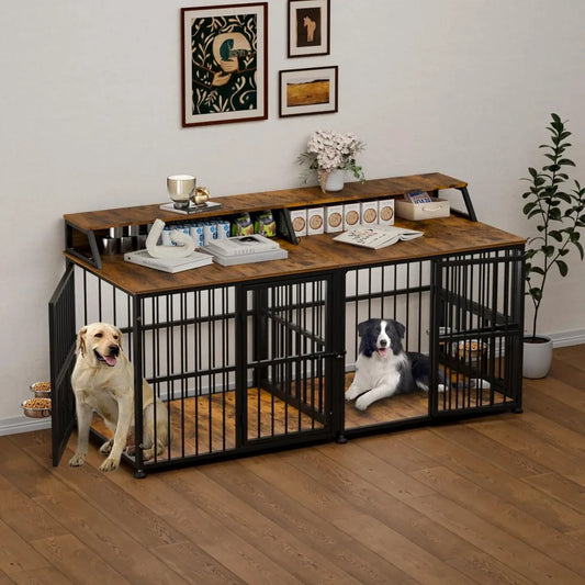 Extra Large Double Dog Cage for Two Dogs, 72 Inch Thick Wooden Crate with Storage Rack for Large Breeds