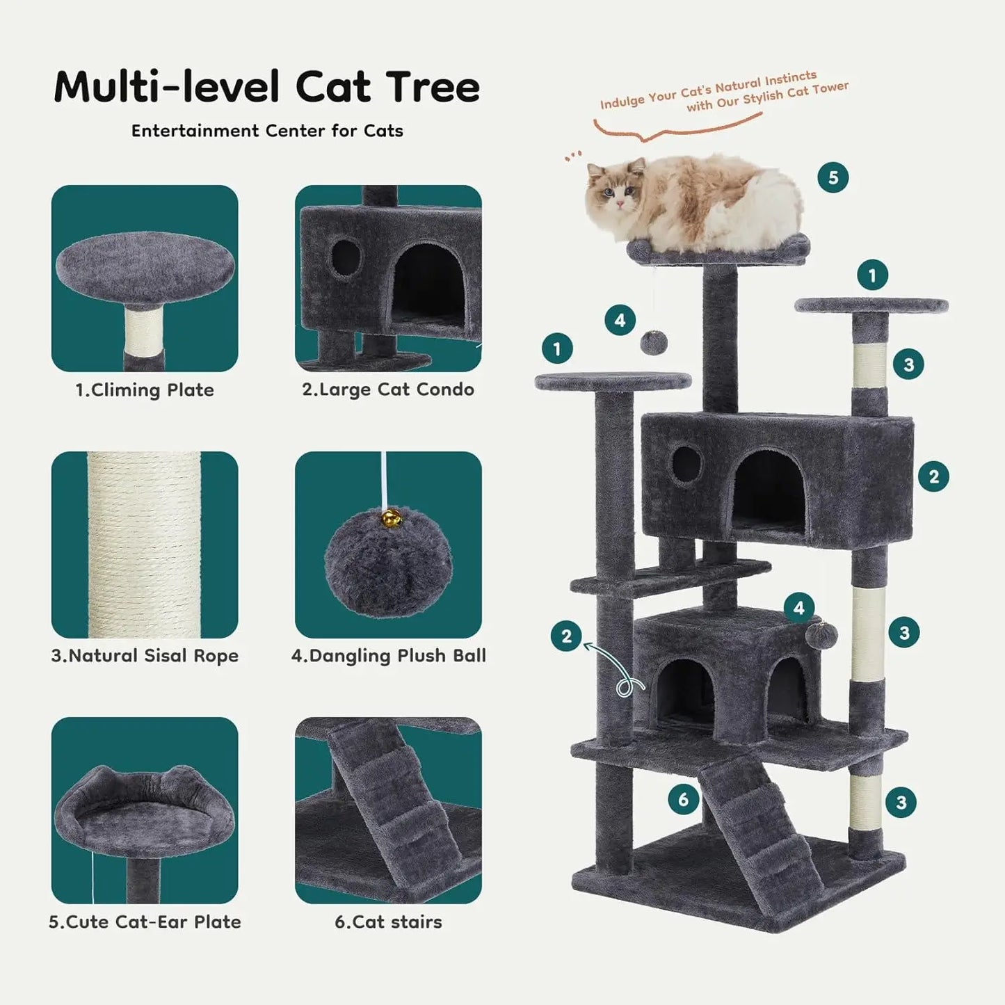 54-inch Multi-Level Cat Tree Tower with 2 Condos, Scratching Posts & Toys - Perfect for Large Cats of All Ages in Dark Grey