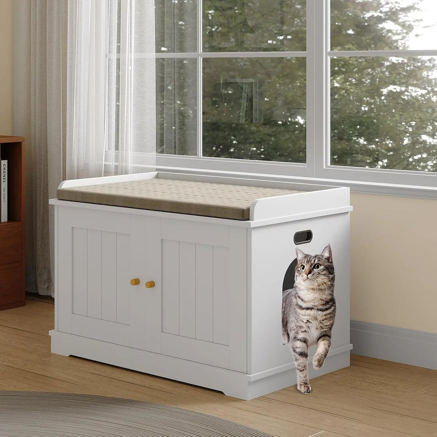 HiMISS Modern Barn Door Cat Litter Box Enclosure Cabinet