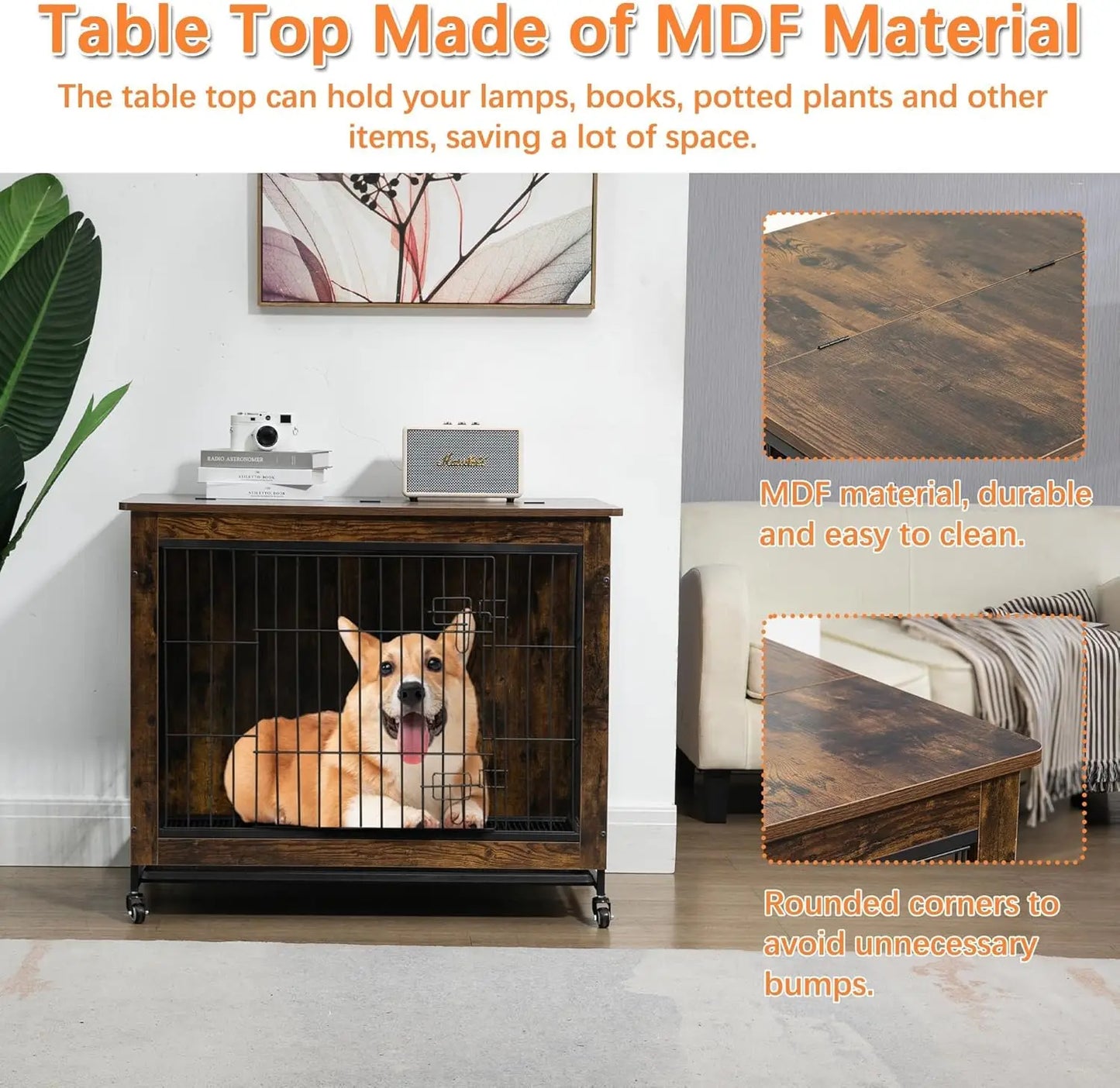 Rustic Dog Crate Furniture with Wheels 26in Small Heavy Duty Metal and Wood Dog Kennel Indoor Anti-Chew Pet Cage End Side Table