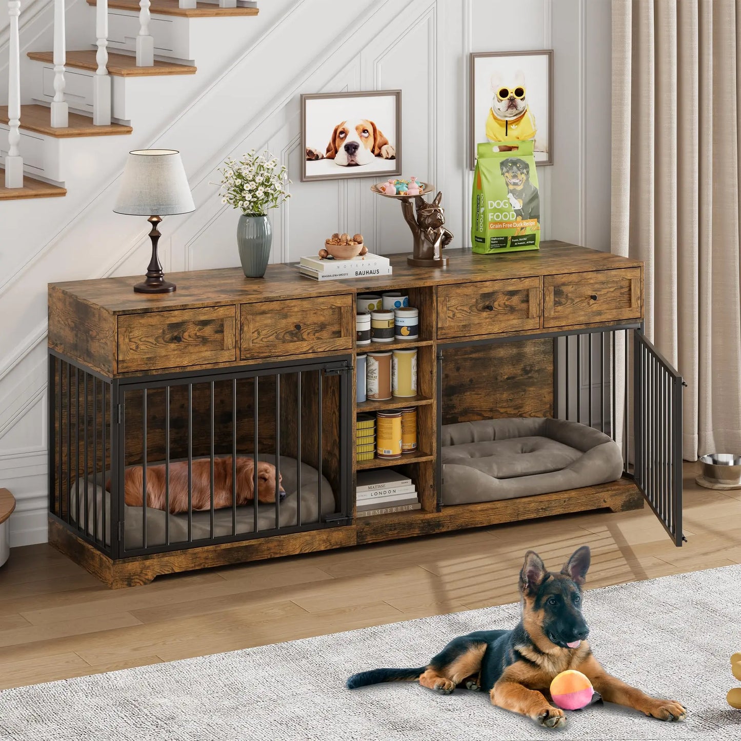 HiMISS Heavy-Duty Double Dog Crate Furniture TV Stand With Drawers