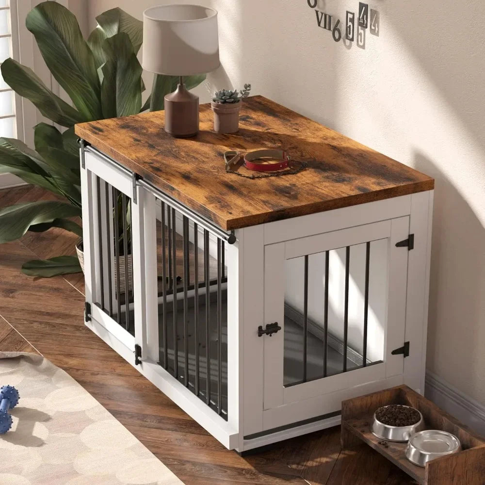 Dog Crate Furniture, Barn Door Puppy Crate with Padded Farmhouse Top and Metal Rails, White Decorative Modern Dog Crate Table