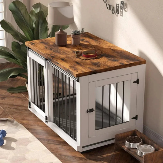 Dog Crate Furniture, Barn Door Puppy Crate with Padded Farmhouse Top and Metal Rails, White Decorative Modern Dog Crate Table