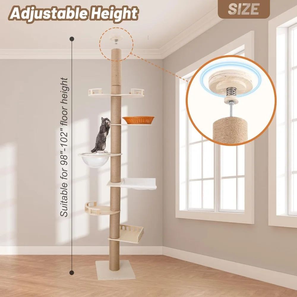 Adjustable Height Wooden Cat Tower With 6 Sisal Posts
