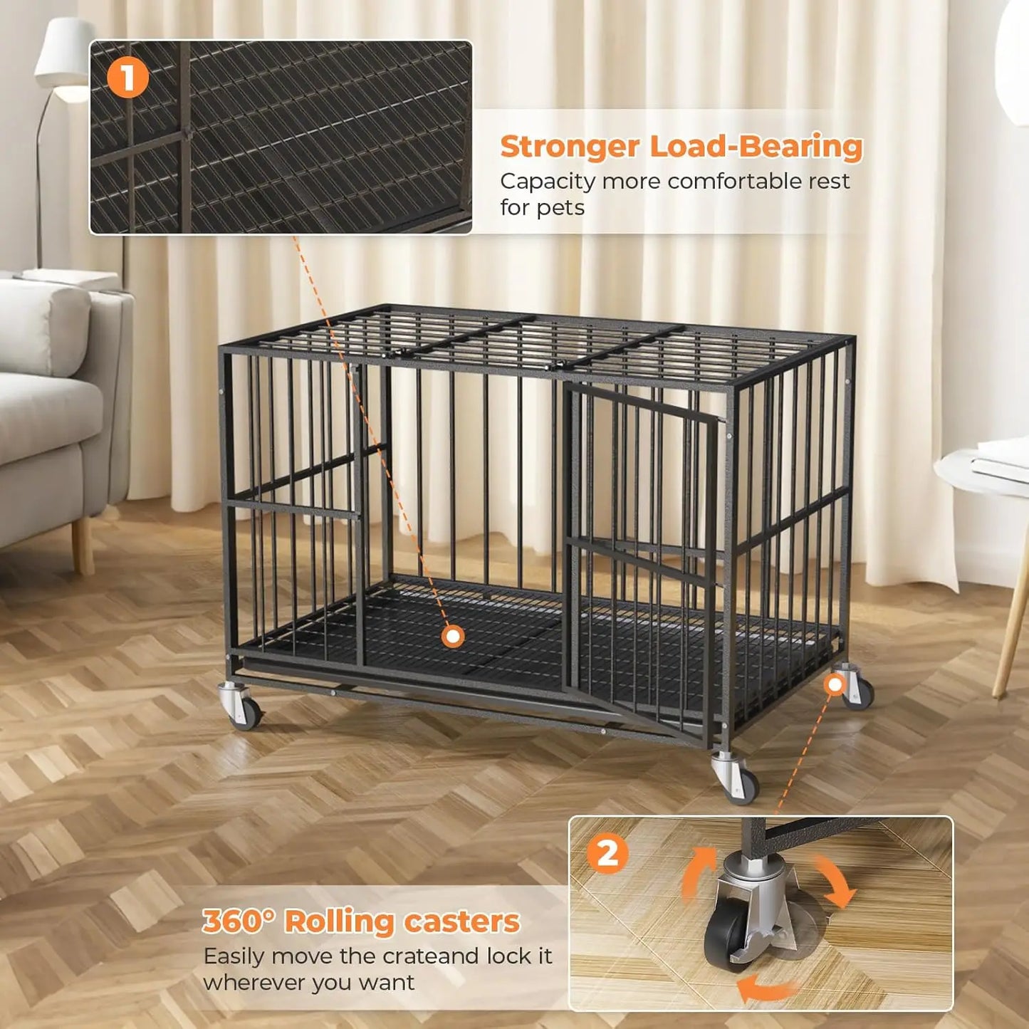 Heavy Duty Dog Crate Steel Double Door With Removable Tray