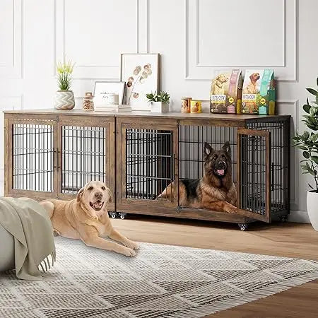 Dog Crate Furniture with Cushion Set of 2, Wooden Dog Kennel Indoor with Double Doors, Dog Cage with Wheels, House Side End