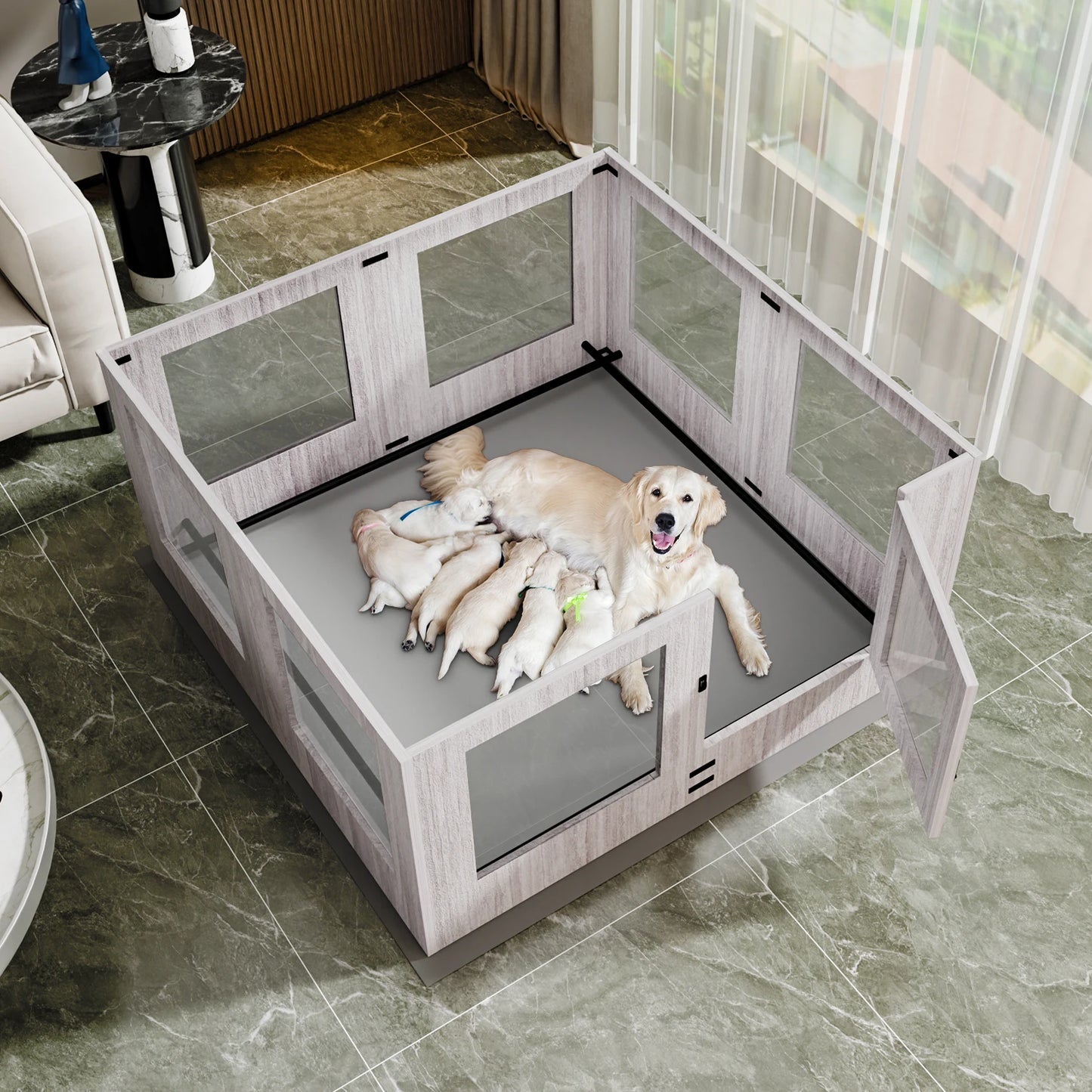 BINGOPAW Tempered Glass Dog Playpen With Pad Indoor Exercise Fence