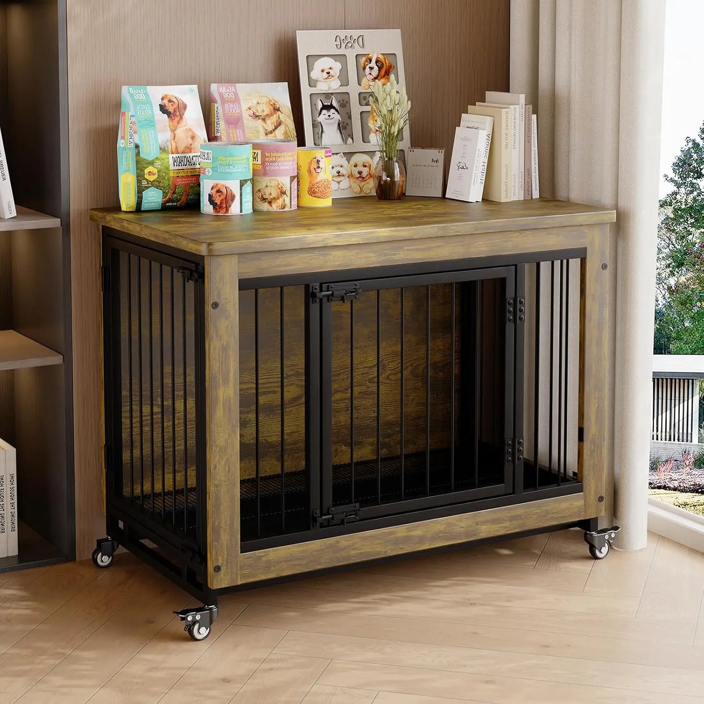 38.6" Rustic Wood Dog Crate Furniture 2-in-1 Chew Resistant with 3 Doors Locking Wheels Removable Tray Dog Kennel Side Table