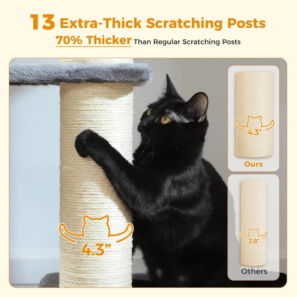 heavy duty cat tree for maine coon – 67" tall cat tower with 13 thick (φ4.3) scratching posts, xxl cat condo with super large pe