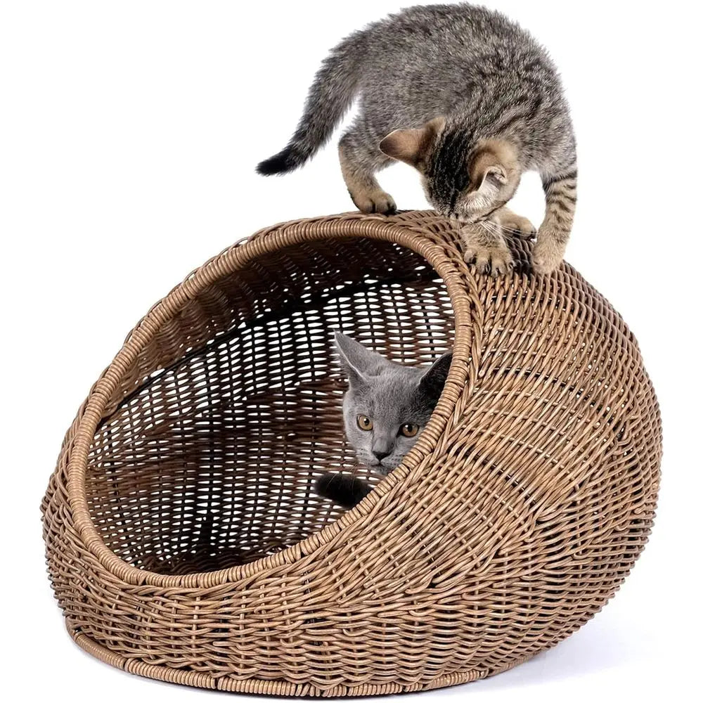 D+GARDEN Wicker Cat Bed Dome or Medium Indoor Cats - a Covered Cat Hideaway Hut o aux Rattan Houses Pets in Dome Basket, Washabl