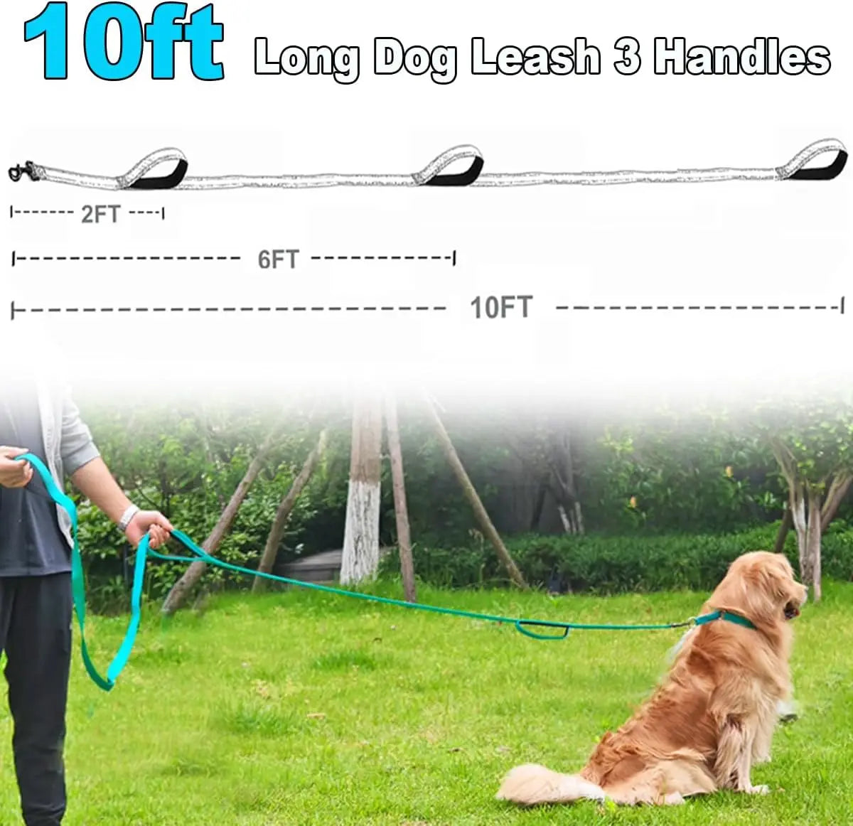 10FT Triple Handle Dog Leash with Reflective Stitching, Padded Traffic Handles for Control and Safety