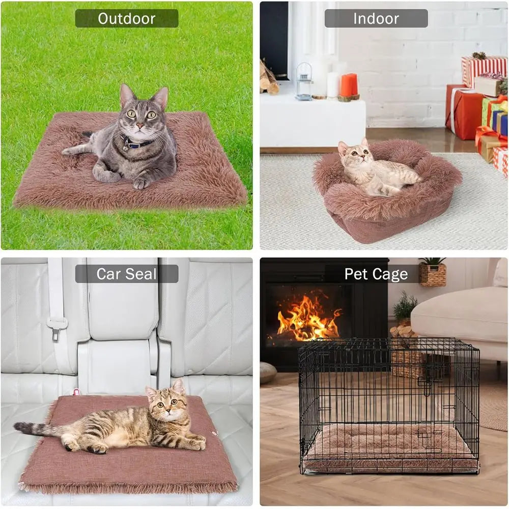 2-in-1 Heated Pet Bed, Plush Washable Mat for Cats & Small Dogs, Brown, 28x24