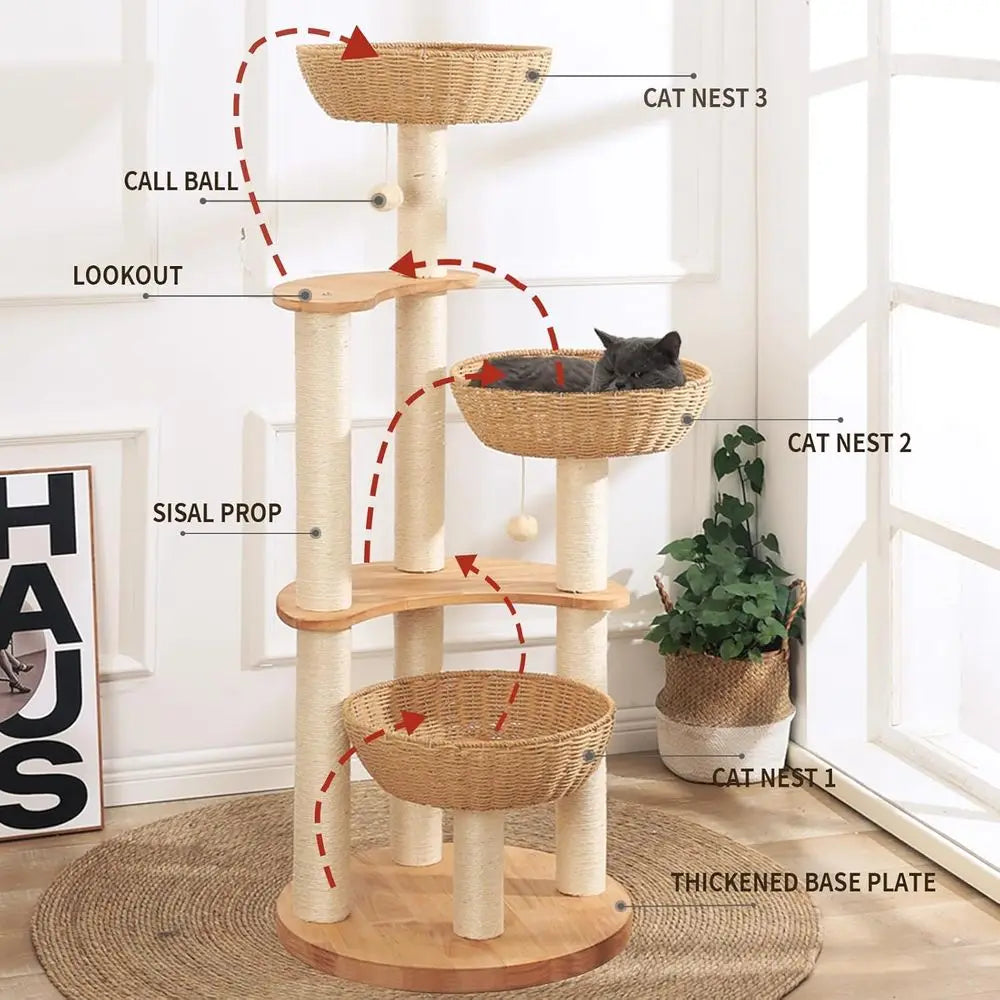 Luxury 54 Oak Cat Tree with Scratching Posts for Large Cats, Multi-Level Condo, Easy Maintenance Indoor Activity Center