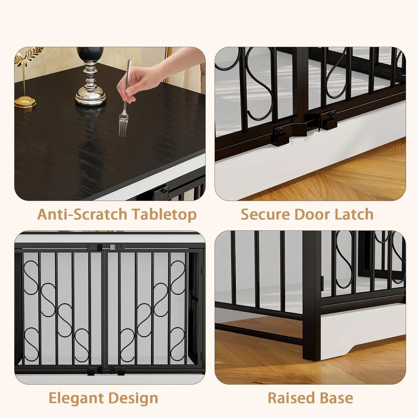 71' Black & White Double Dog Crate Furniture for 2 Dogs, Heavy Duty Wooden Dog Kennel Furniture