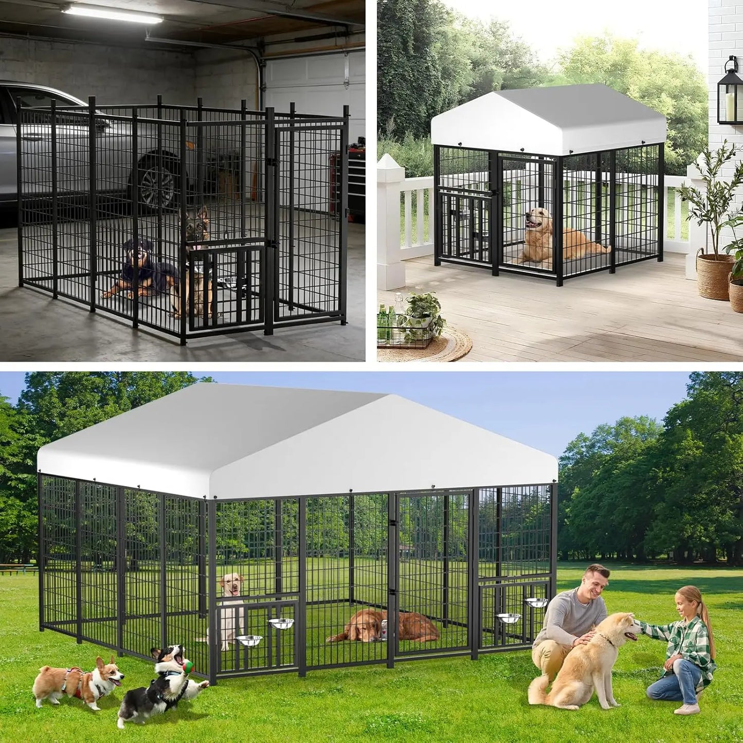 Outdoor Dog Kennel With Roof Heavy Duty Steel Run Enclosure Waterproof Canopy