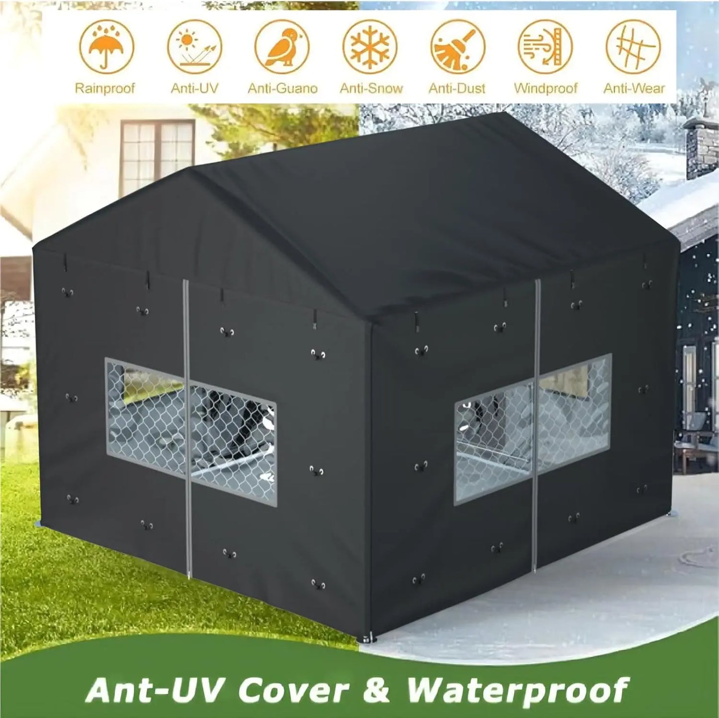 Waterproof Outdoor Dog Kennel Cover for 10x10x7 ft Cages, Heavy Duty 600D Oxford Fabric, Black