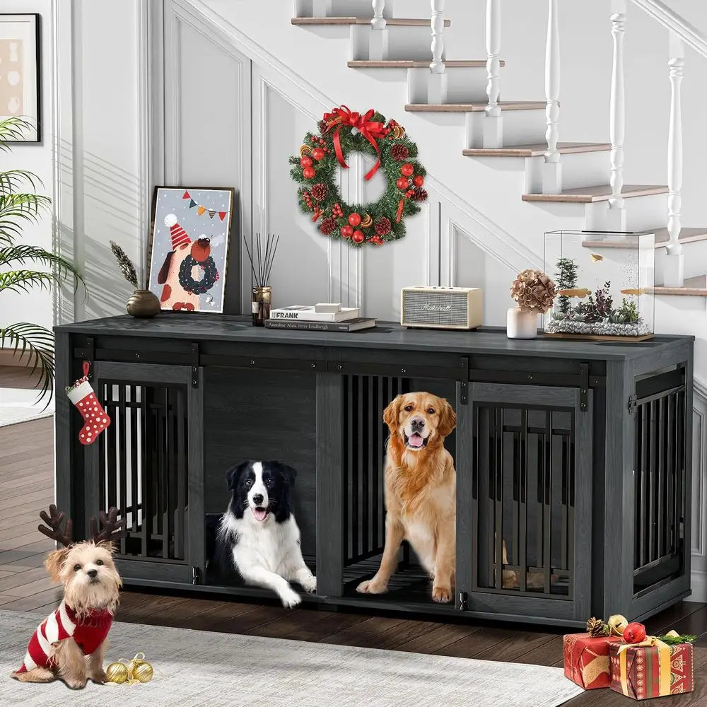 Large Dog Crate Furniture for 2 Dogs, Upgrade 71" Pro XXL Sliding Door Heavy Duty Dog Kennel Furniture with Divider, Steel Frame