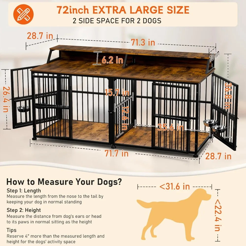 Extra Large Double Dog Cage for Two Dogs, 72 Inch Thick Wooden Crate with Storage Rack for Large Breeds